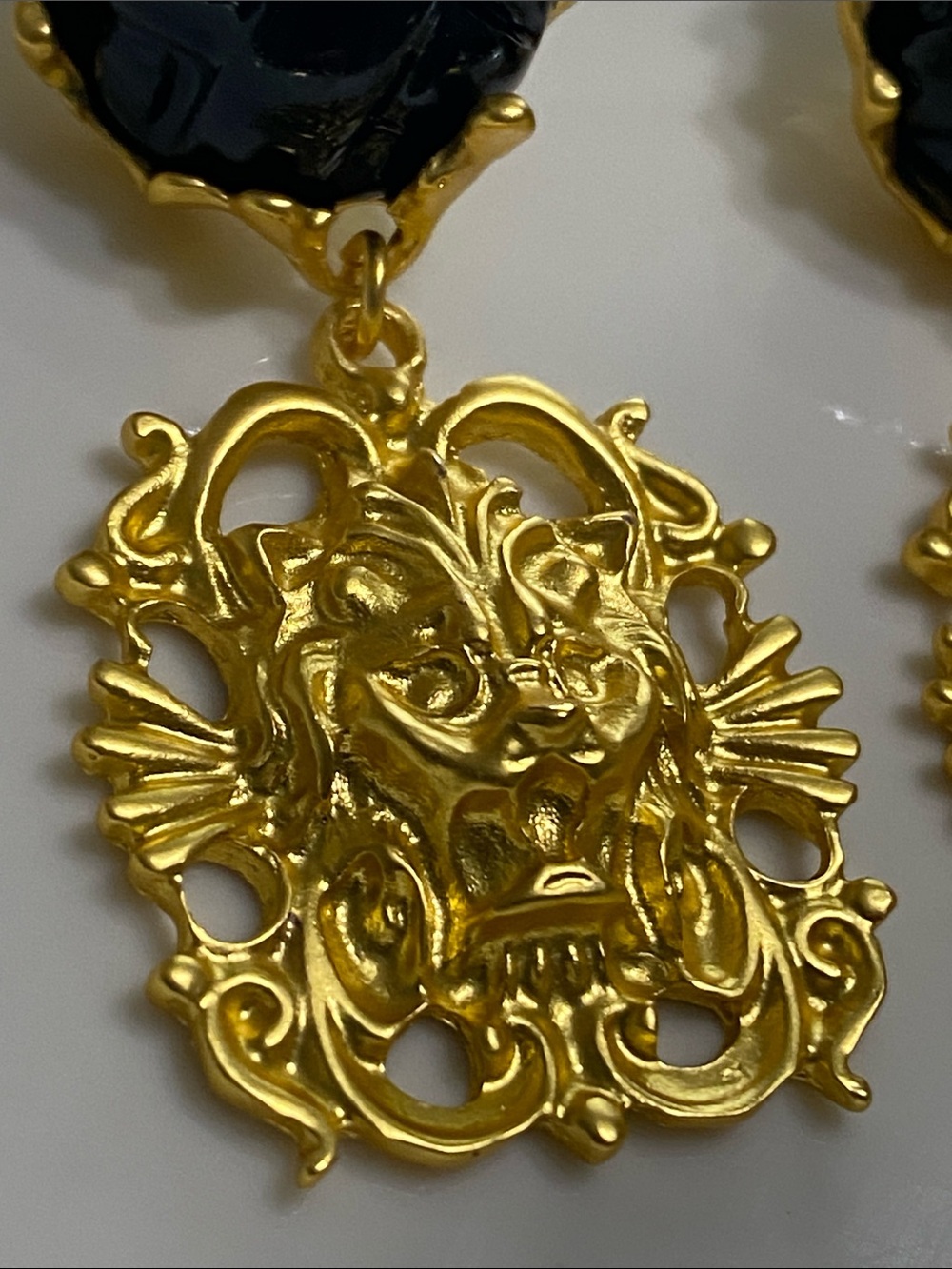 Matte Gold Filigree Lion Drop Earrings with Black Cabochon - Picture 3 of 5